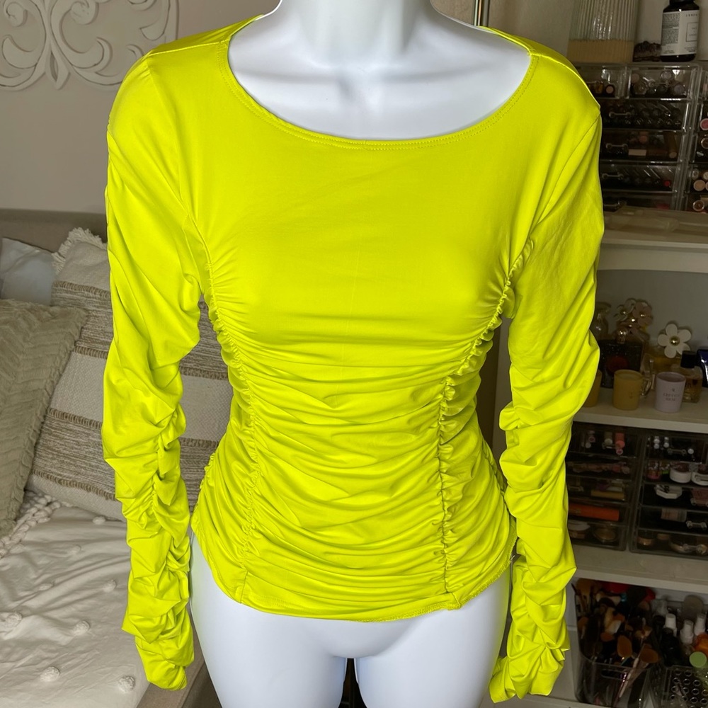 Topshop Neon Ruched Long Sleeve Top